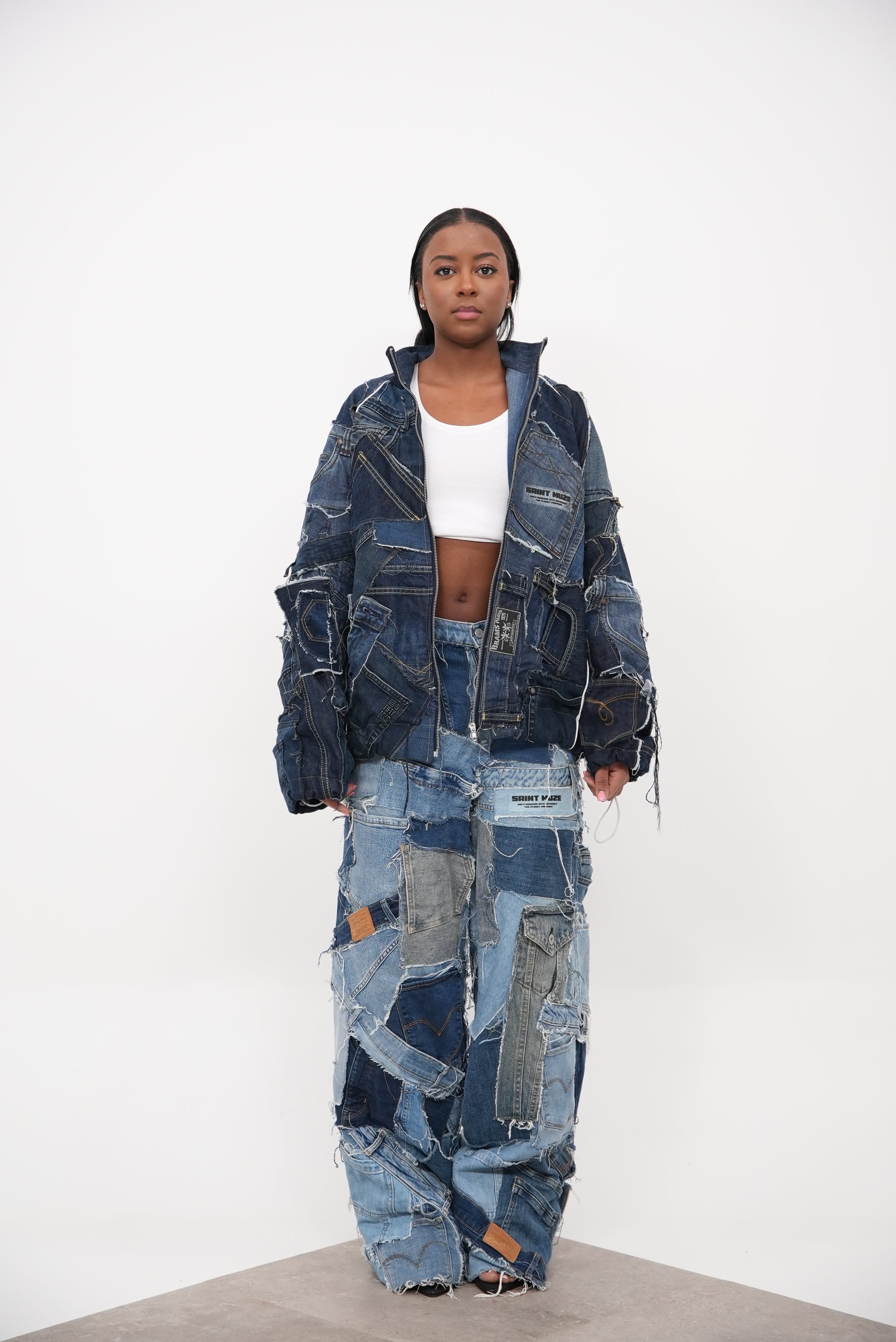 Gジャン/デニムジャケット Corduroy Patchwork Denim Jacket blue Denim Patchwork Jacket Blue – SAINT MUZE